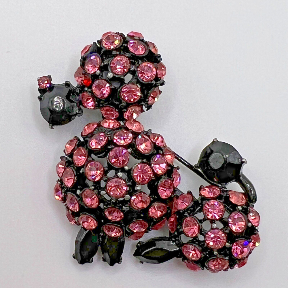 Vintage Fancy French POODLE BROOCH Dog Pink Rhinestone Japanned Costume Jewelry - Picture 2 of 8